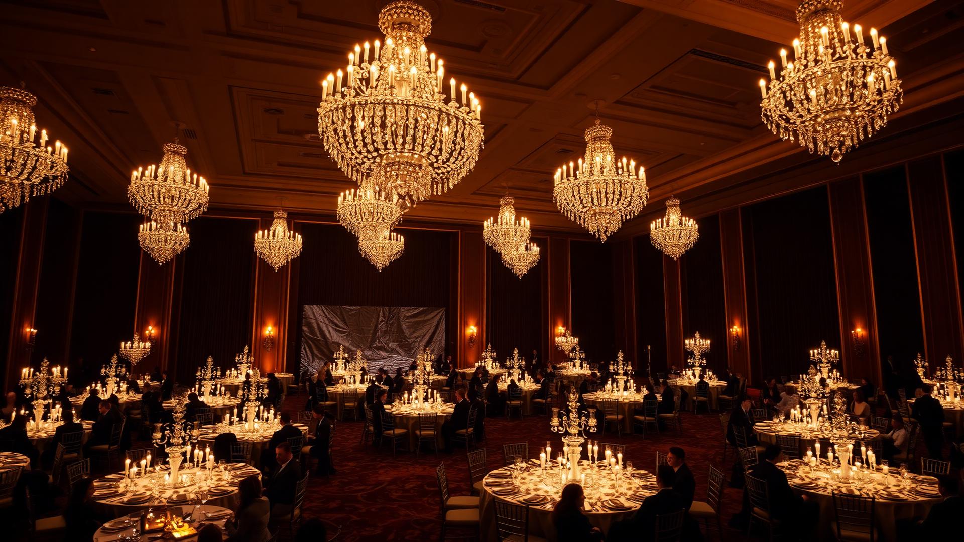 A luxury gala ballroom lit by chandeliers